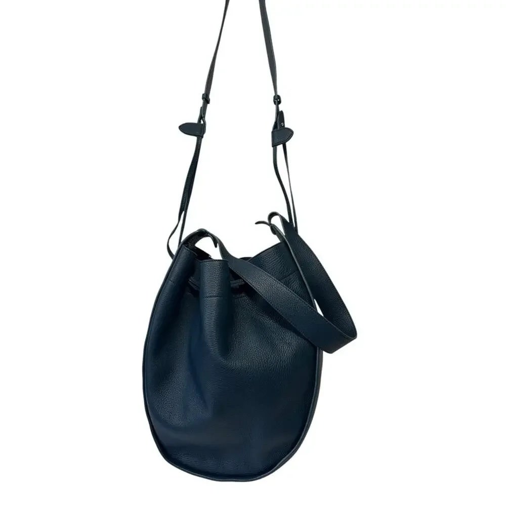 The Row XL Drawstring Hobo Shoulder Bag Marine Blue Pebbled Leather Bucket Bag